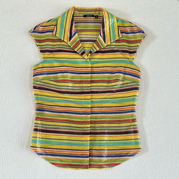 💖Fitted Cap Sleeve hidden snap front in Yellow multicolor sequins Sparkle 💖 - Picture 12 of 12